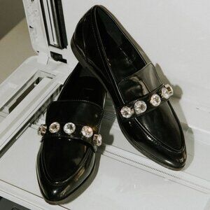 Ronron Black Patent Rhinestone Pointed-Toe Loafers